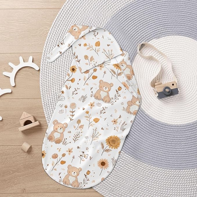 Newborn Swaddle Blankets and Hat Set Soft Cotton Baby Swaddle Wrap Warm Infant Receiving Blanket Cute Bear