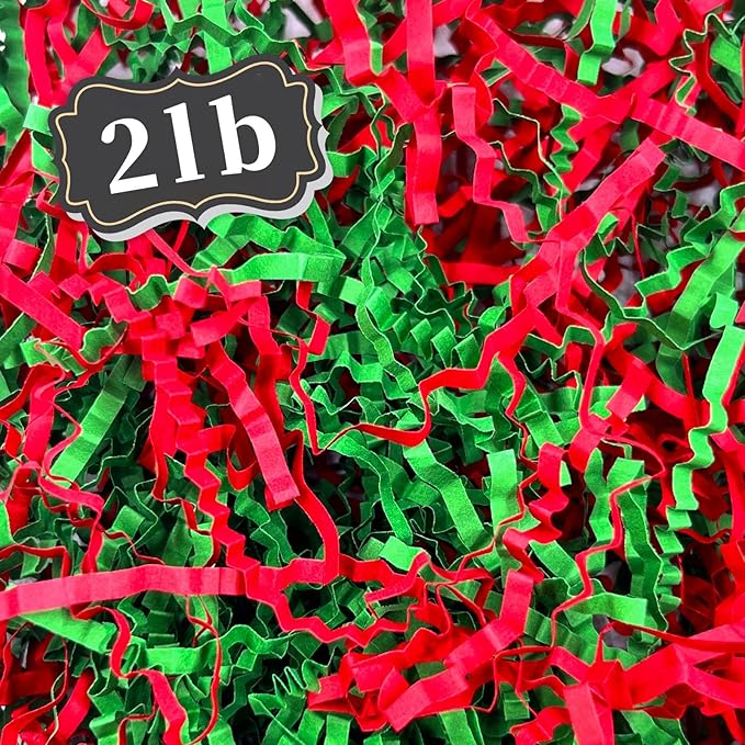 ZEBMOON 2 LB Red Green Crinkle Cut Paper Shred Filler Great for Gift Wrapping, Basket Filling, Birthday, Wedding, Halloween, Thanksgiving, Christmas Day, New Year Party Decorations Filling Supplies