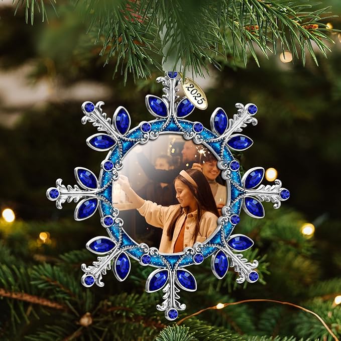 2025 Christmas Tree Ornament Snowflake Picture Frame Metal Hanging Pendant Holiday 2" Photo Frame Charm Decorative of Pets, Baby First Christmas, Family (Blue)