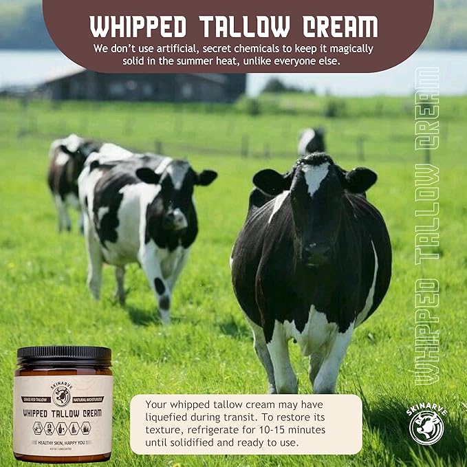Beef Tallow for Skin 4oz Unscented, Organic Whipped beef Tallow and Honey Balm, 100% Grass Fed Beef Tallow Face Moisturizer For Dry Skin, Lip balm, Eczema Natural Tallow Moisturizer (Cream, Cream)
