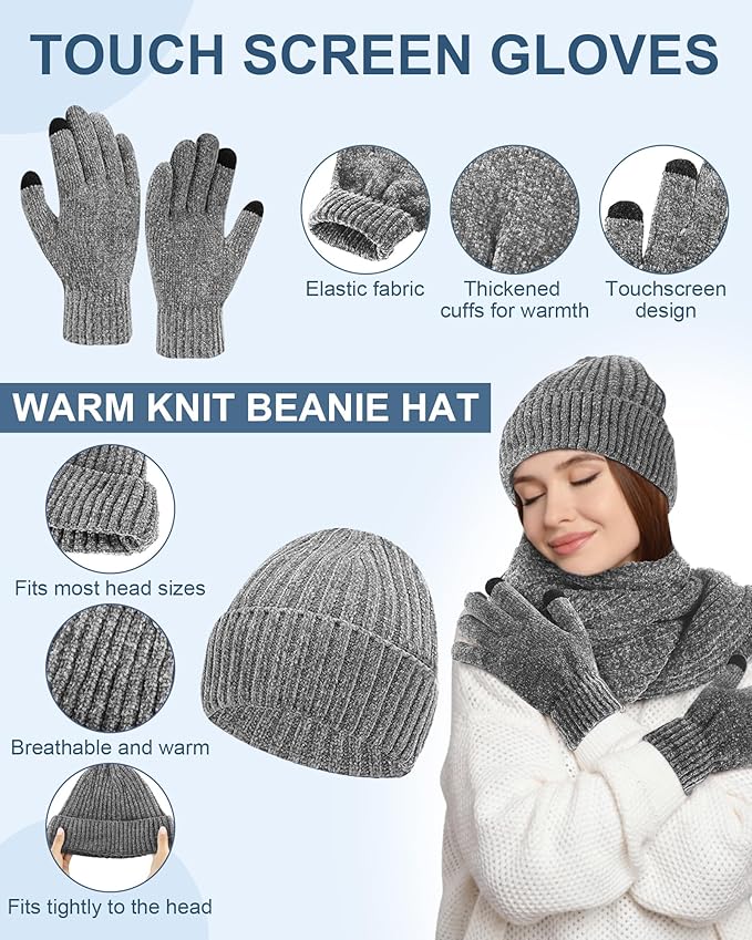Geyoga 6 Pcs Winter Knit Set Beanie Hat Long Scarf Touchscreen Gloves Ear Muff Socks Warm Valentine Gift for Women Men Snow(Gray,Classic Style)