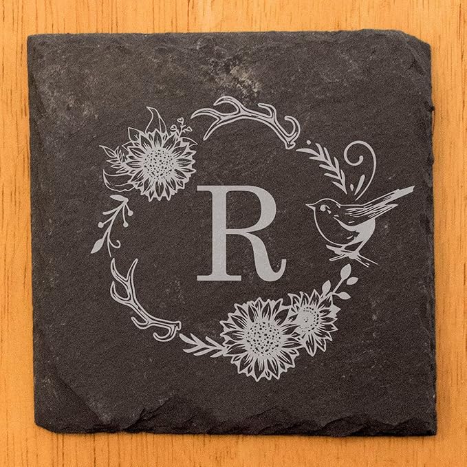 Personalized Monogram Family Coasters, Natural Stone Set, Birthday, Wedding, Customized, Rustic - Square Slate - Set of 4