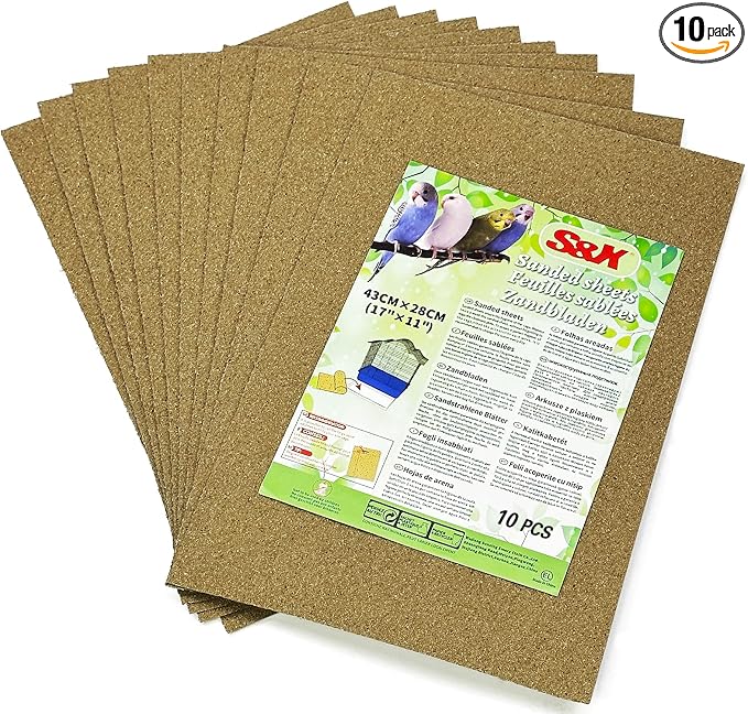 S&X Bird Cage Liners 17 x 11in, 10-Pack, Disposable Gravel Paper Sheets | Thick and Flat for Easy Cleanup, Pre-Cut for Cage Trays, Textured Surface Helps Condition Claws for Parakeets and Cockatiels