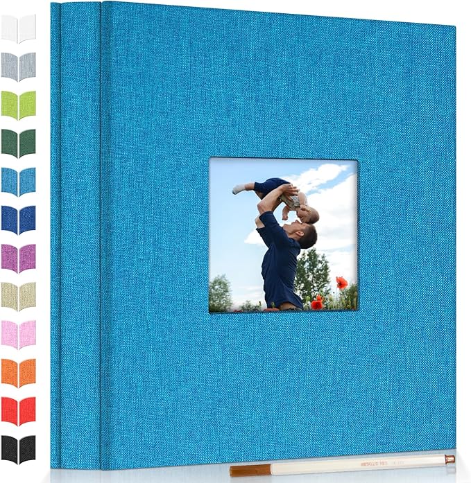 Photo Album Self Adhesive Scrapbook Album for 3x5 4x6 5x7 8x10 Pictures,60 Pages Linen Cover with Display Window DIY Photo Book,Ideal Gifts for Family Travel Wedding Baby