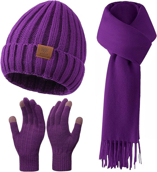 Women Winter Hat Beanie+Long Scarf+Touch Screen Gloves Set, Warm Clothes Set with Knit Fleece Lined for Women/Men Winter