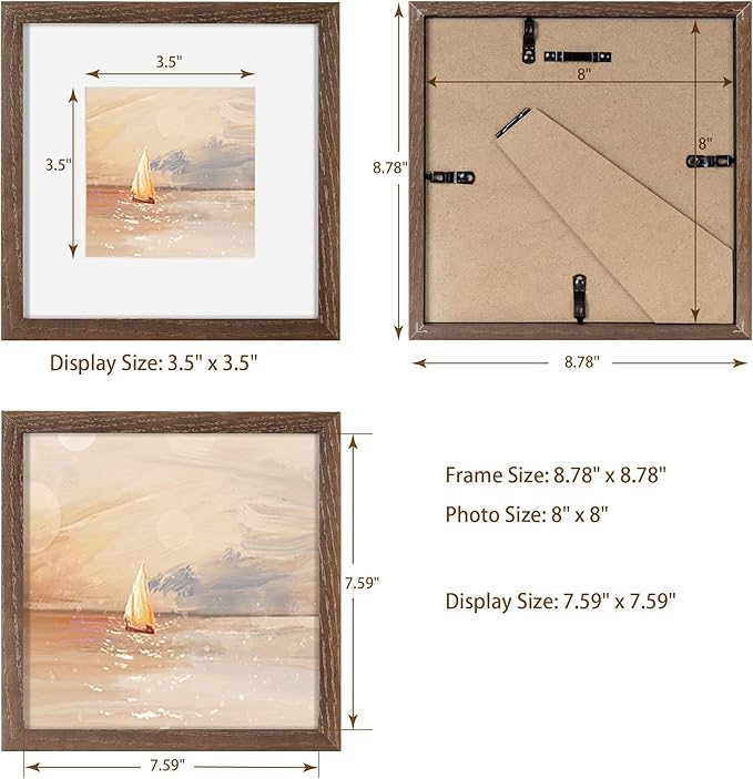 8x8 Square Picture Frame, Solid Oak Wood 8"x8" Photo Frames - Real Tempered Glass, 8x8 Frame with Stand for Tabletop Display, 8 x 8 Wood Frame for Wall (Walnut Color, 1 Pack)