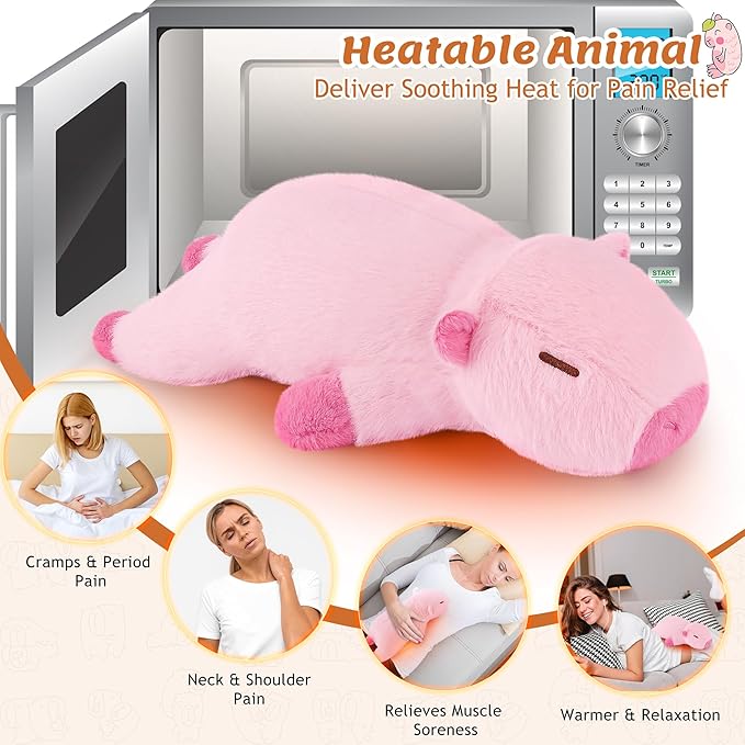 1.8lb Pink Capybara Stuffed Animals Plush Microwavable Heating Pad-Pink Capybara Heating Pads for Cramps &Period Pain Relief, Heatable & Coolable Stuffed Animals Bedtime Birthday Gift for Women Kids
