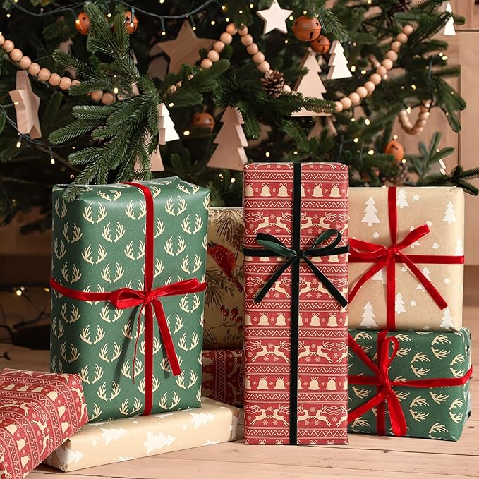 YANGTE Vintage Christmas Wrapping Paper - Brown Kraft Gift Wrap 4 Rolls, 17x120 Inch, Holiday Paper with Classic Brown and Red Patterns for Xmas Gifts
