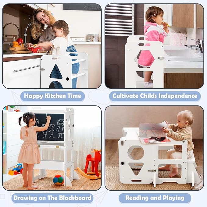 Woodure 4 in-1 Toddler Kitchen Step Stool, Foldable Learning Standing Tower with Blackboard, Wooden Kitchen Stool Helper for Kids, 1-3 Year Old Boy Girl Gifts - White