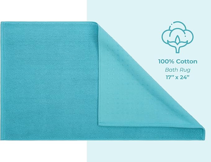 American Soft Linen Bath Rug, 17 in 24 in 100% Cotton Bath Mats Rugs for Bathroom, Slip Reducer Washable Shaggy Form Area Rugs, Turquoise Blue Bath Rug