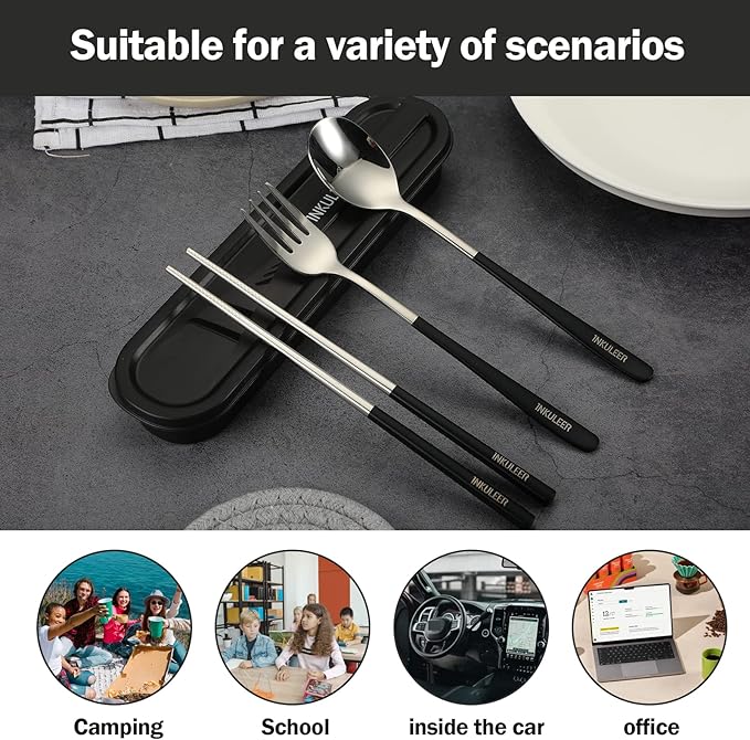 Travel cutlery set, 18/8 stainless steel cutlery, Reusable utensils set with case, Portable Silverware Lunch Box for Camping and Office (Black)