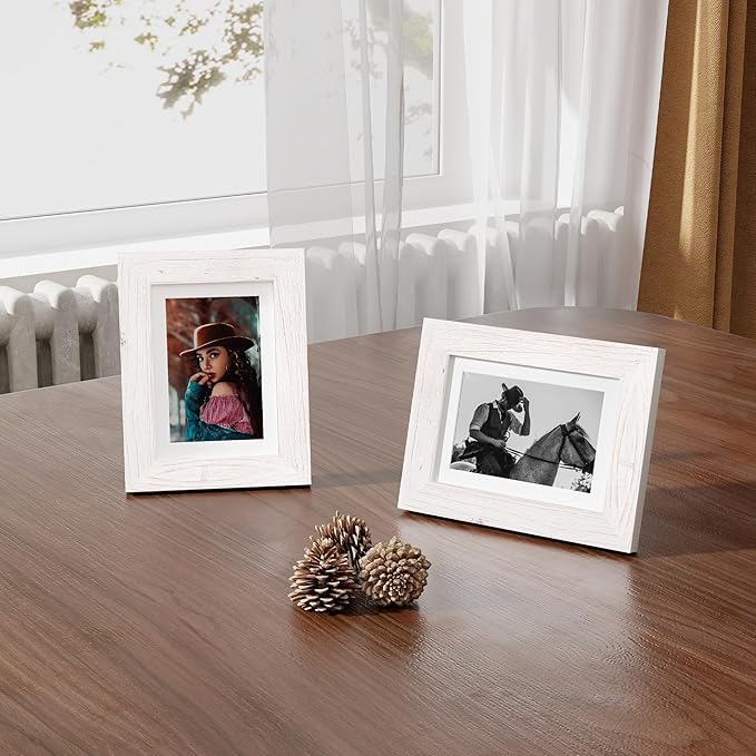 Fun Memories 5x7 Picture Frame, Natural Elm Wood, White, 5"x7" with Tempered Glass & Mat for 4x6, Rustic Wall & Tabletop Display, 1 Pack