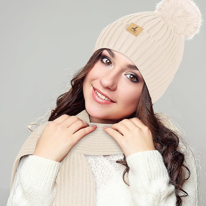 LOROME Women Winter Beanie Hat Scarf Gloves Set, Fleece Knitted Pompom Hat Warm Neck Scarf Touchscreen Gloves Winter Gift