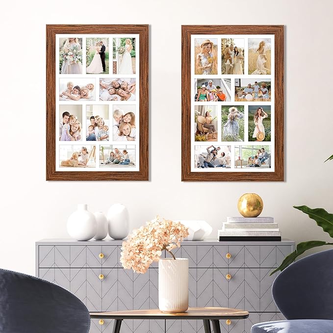 13x21 Picture Frame Display 10 opening 4X6 Picture Frame Collage,Multi Photo Frame with Mat,Plexiglass,Wall Mount Decor,Carbonized Brown Wood Grain