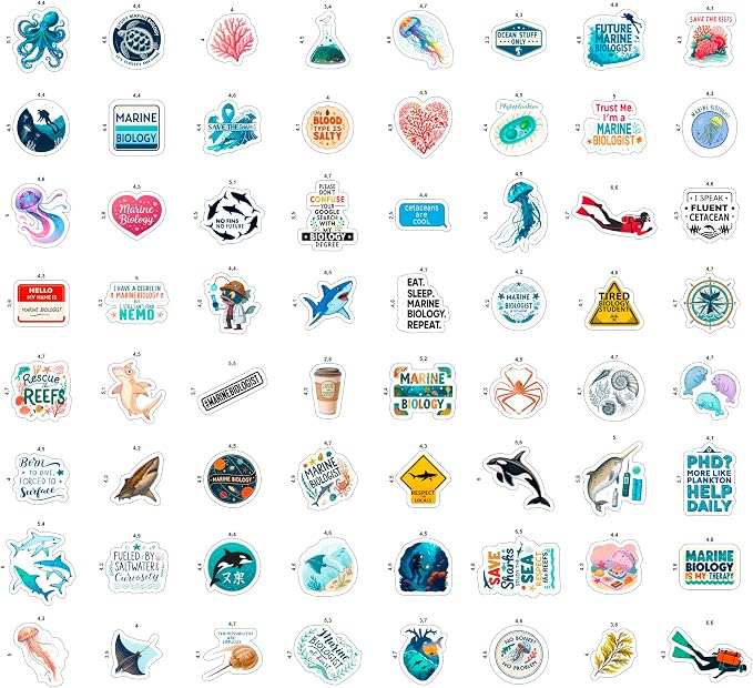 100Pcs Marine Biology Stickers for Scrapbooking, for Luggage, for Water Bottle - Marine Biology Party Supplies & Decorations - Ocean Life Stickers and Decals - Gifts for Women & Men