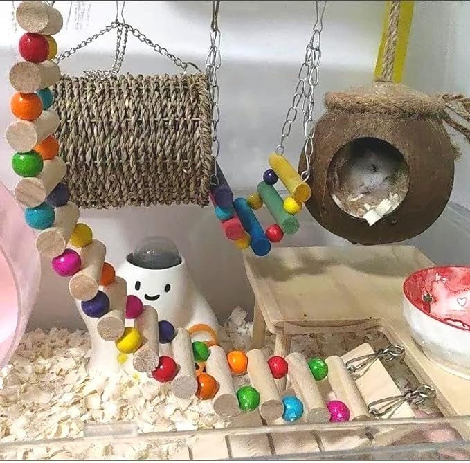 Hamiledyi Hamster Hanging Hammock 3 Piece Wooden Rat Ladder Swing Set Cage Clmbing Toys Accessories for Syrian Hamster Sugar Glider Bird Mice Playing Sleeping