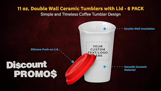 Personalized 11 oz. Double Wall Ceramic Tumblers with Lid - 6 Pack - Custom Text, Logo - Red