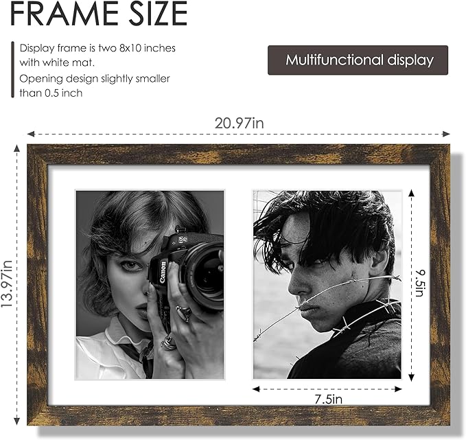 12x19 Double Picture Frame 8x10 Displays Two 8x10 inch Photos Collage Available Horizontal Wall Mounting Display and Vertical Brown