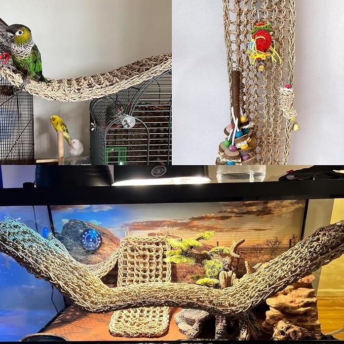 Bird Seagrass Mat 39.4×7" Long Natural Macaw Woven Net Hammock Hanging on Parrot Cage with Hooks Climbing Ladder Swing Chew Toys for Cockatoo Large Parrot Supplies