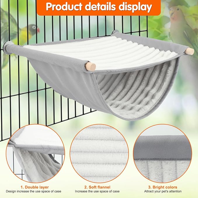 BWOGUE Bird Nest Bed Hanging Hammock, Parakeet Bed for Cage, Cockatiel Bed | Warm Fleece Snuggle Hut, Double-Layer Comfort, Wooden Perch Setup, Washable Hammock