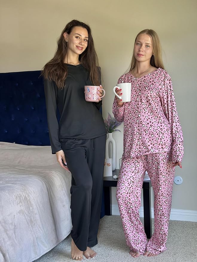 Ekouaer Womens 2 Pack Pajama Set Long Sleeve Pajamas Top and Pants V Neck Pjs Set Soft Loungewear with Pockets