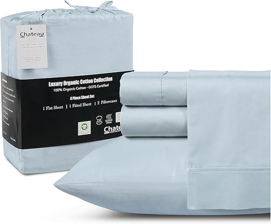 CHATEAU HOME COLLECTION Organic Cotton Sheets Queen Size Bed Set Deep Pockets, 300 TC Cotton Queen Sheet Set, Soft Breathable Elasticated Sheet & Pillowcase Sets, Machine Washable- Light Blue