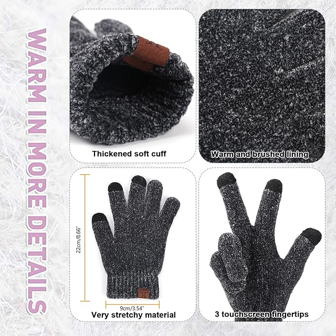 Womens Winter Knit Warm Hat Beanie Long Scarf Touch Screen Gloves Set Skull Caps Neck Scarves for Women