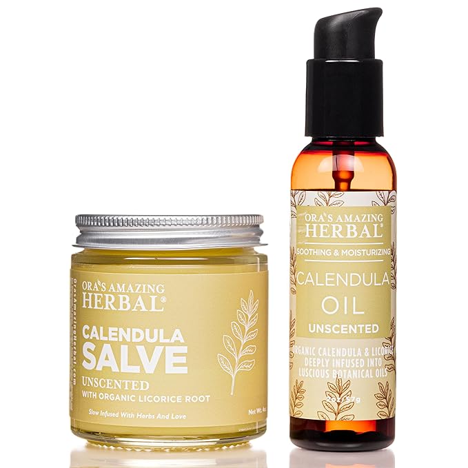 Ora's Amazing Herbal Calendula Skin Salve and Oil Set, Made with Grapeseed Oil, Organic Licorice, Responsibly Sourced Beeswax, 4 oz salve with 2 oz oil