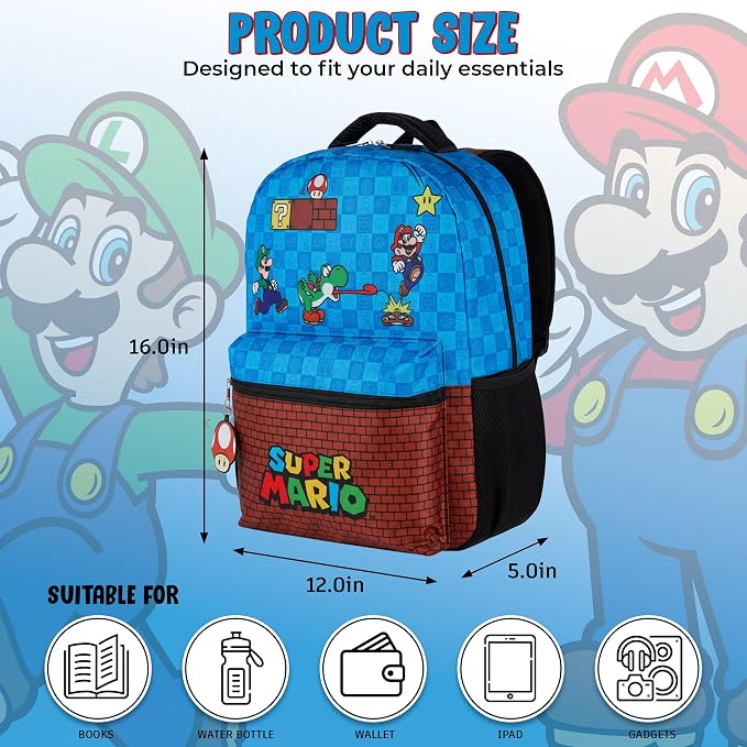 AI ACCESSORY INNOVATIONS Super Mario Brothers Backpack for Boys & Girls, 16 Inch Gaming Bookbag with Molded Toad Dangle, Blue, Featuring Mario, Luigi, Yoshi & Toad