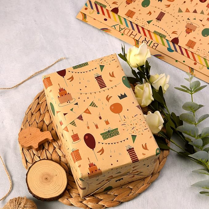 PlandRichW Birthday Wrapping Paper for Kids Girls Women Boys Men,12 Sheets Kraft Brown Recycled Gift Wrapping Paper 4 Styles of ''Happy Birthday'' Balloon Rainbow Stars Precut 20" X 29" Folded