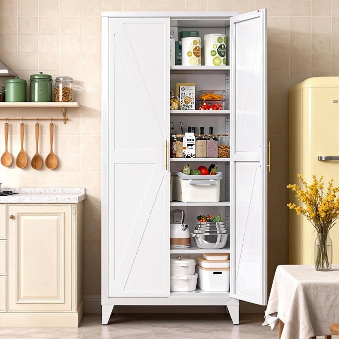 75" H Metal Pantry Storage Cabinet with Doors,Farmhouse Kitchen Pantry Cabinet with 5 Adjustable Shelves for Kitchen, Living Room,Assemble Required,White,15.75" D x 31.5" W x 75.3" H