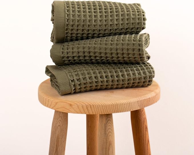 PÜSKÜL - Set of 3 Organic Waffle Hand Towel Khakie - Premium Quality, 100% Turkish Cotton, Soft, Quick-Dry, Absorbent, Lint-Free Face Kitchen Hand Towels (Khaki Green, Hand Towels - Pack of 3)