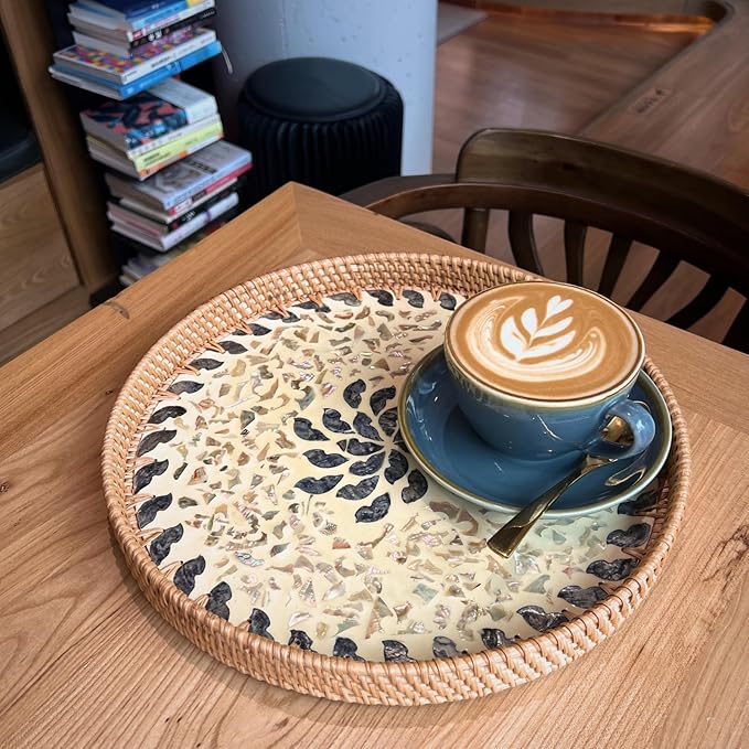 Rattan Serving Tray with Mother of Pearl, Round Coffee Table Wicker Tray Decor, Boho Decorative Woven Tray (Lucky Flower, 12 inch)