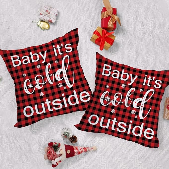 Fukeen Winter Outdoor Merry Christmas Throw Pillow Covers 24x24 Inch Waterproof Red and Black Buffalo Plaids Baby It’s Cold Outside New Year Holiday Cushion Cases Snowflake Decor Double Sided