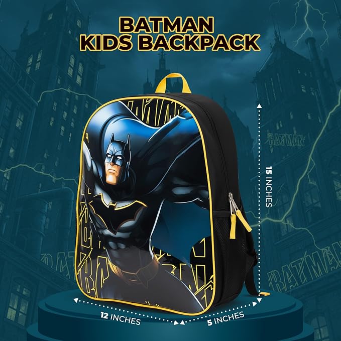 AI ACCESSORY INNOVATIONS Batman Kids Backpack, Dark Knight Superhero 15" School Bag for Boys, Black