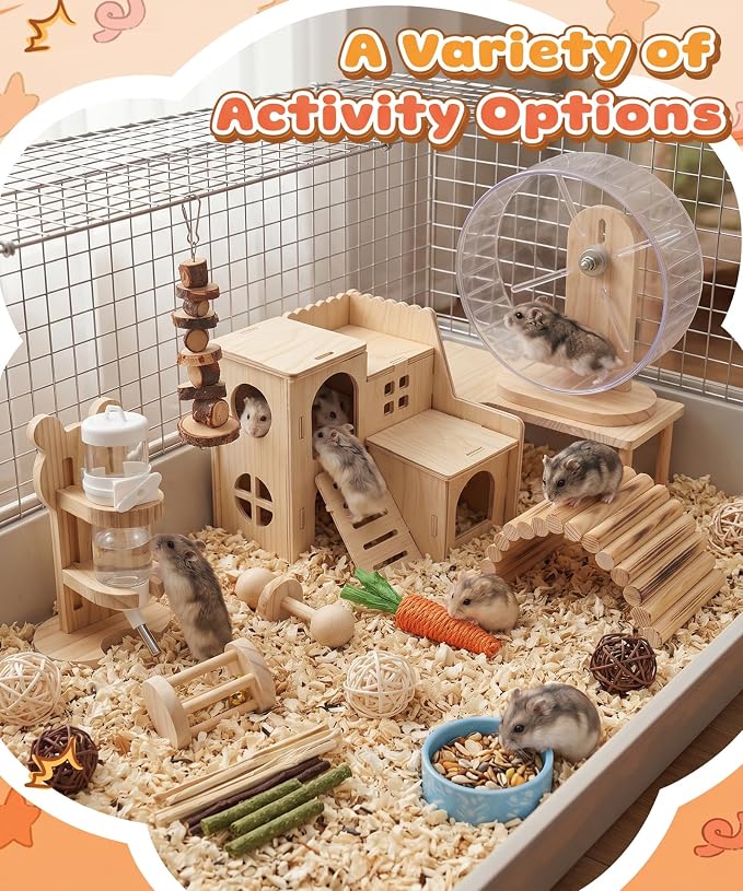 Hamster Cage Accessories, Rat Guinea Pig Chew Toys Ball Set | Silent Wheel, Maze Wood House and Water Bottle, Habitat Hideout Natural Molar Tools for Hamster, Guinea Pig, Bunny, Rabbit