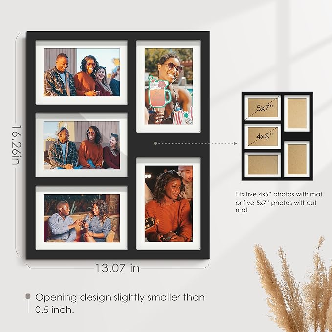5x7 Picture Frame Collage Holds 5 Photos Made of High Definition Glass, Mat for Display 4x6 Picture Frame Collage Photo for Wall Decor Black