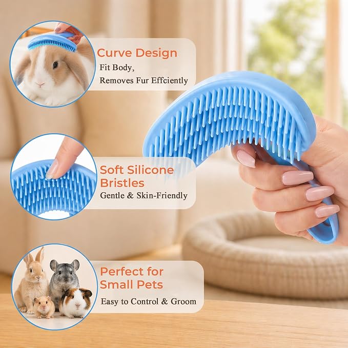 Small Silicone Grooming Brush for Guinea Pigs & Small Pets | Small Pet Fit | Soft Low-Stimulation Brush | Curved Pet Fit | Daily Bonding | Rinse-Clean Head