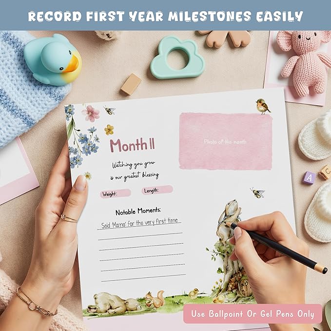 WOODAMORE Baby Calendar First Year with Stickers - Wildflower Baby First Year Memory Book, Babies Milestone Calendar Tracker, Babies 1st Book Keepsake for Newborn Girl