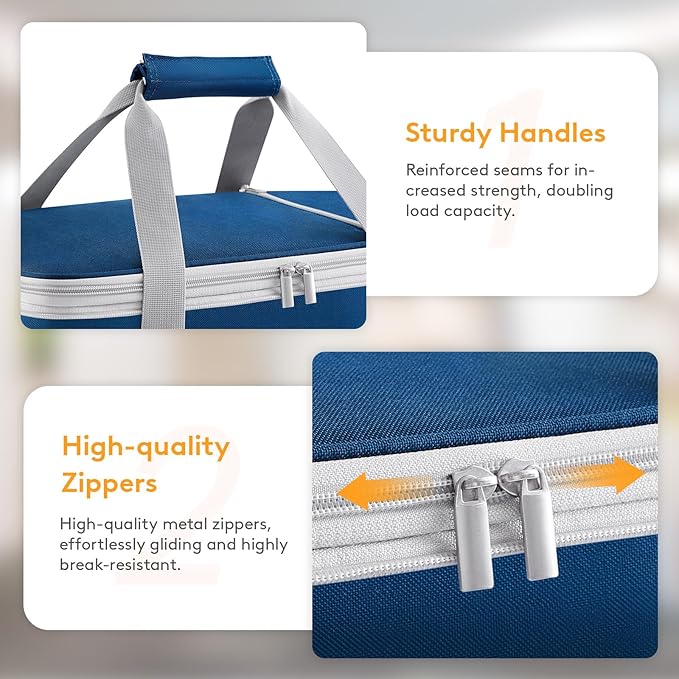LUNCIA Insulated Double Decker Casserole Carrier, Lasagna Lugger Tote Keeps Food Hot or Cold, Thermal Lunch Bag for Potluck Parties, Picnic and Cookouts, Fits 9" x 13" Baking Dish, Pure Blue