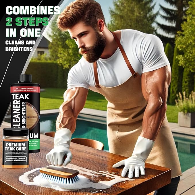 Teak Cleaner and Brightener Kit - Teak cleaner for wood outdoor furniture. Ideal for Boats, Decks, Patio & Fine Wood Furniture ｜Marine-Grade Teak Cleaner