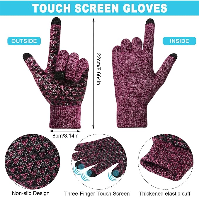 Winter Fleece Lined Beanie Hat Scarf Sock Touchscreen Gloves Set for Men Women