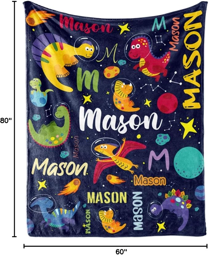 Personalized Dinosaur Blanket for Boys, Custom Name Blanket for Kids Dino Outspace, Soft Flannel Dinosaur Toddler Blanket Customized Gift for Birthday Christmas Baby Shower, Newborn Gift 60" X 80"