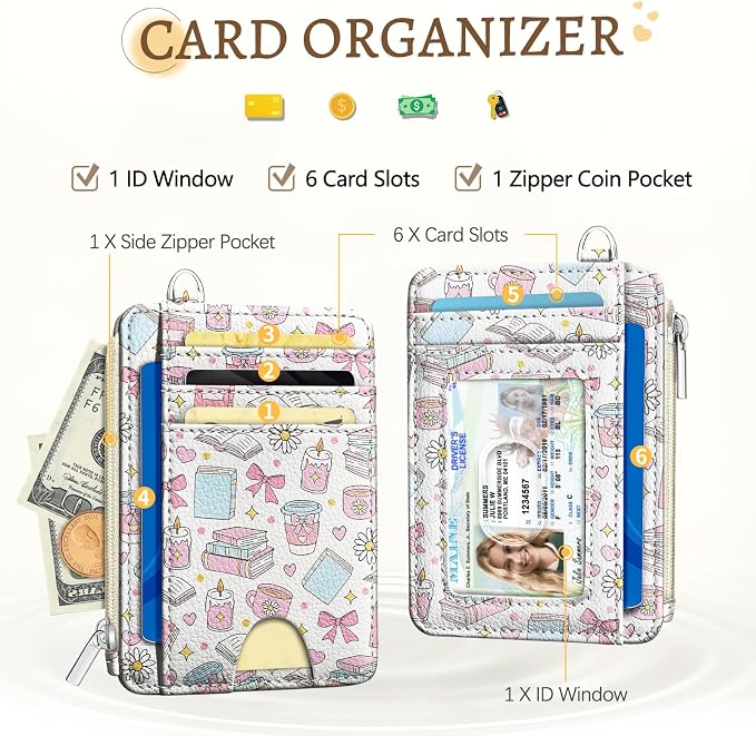 Kelvoris Credit Card Holder Small Wallet Women, Slim RFID, Book Coffee Bow | Keychain, Zipper Coin Pocket, Front Pocket Thin Travel Card Case, Minimalist, 6 Card Slots, 1 ID Window, Ladies Gifts Woman