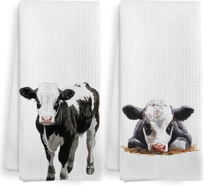 Funny Cow Kitchen Towels and Dishcloths Sets of 2, Cow Decor Stuff Gifts for Women, Woodsy Rustic Cabin Farmhouse Farm Nursery Home Decor Dish Hand Tea Towels for Bathroom Kitchen,16x24 Inch