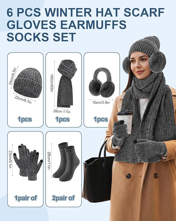 Geyoga 6 Pcs Winter Knit Set Beanie Hat Long Scarf Touchscreen Gloves Ear Muff Socks Warm Valentine Gift for Women Men Snow(Dark Grey,Classic Style)