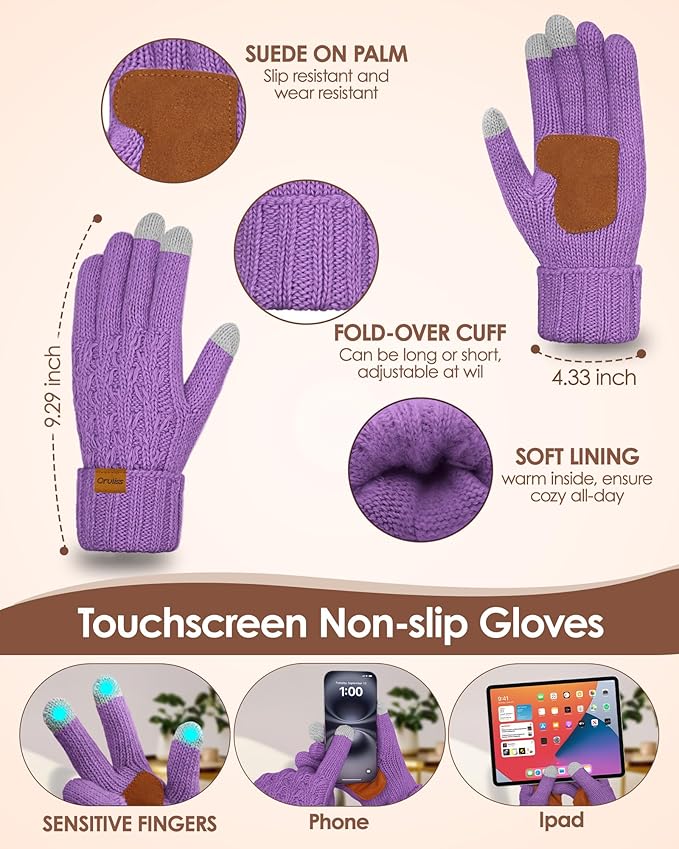Womens Winter Beanie Hat Scarf Gloves Set, Fleece Lined Knitted Hat with Pompom Long Scarf Touchscreen Mittens for Women Men