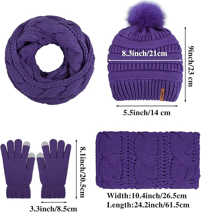 Aneco Womens Winter Warm Sets Knitted Fur Pompoms Beanie Hat Circle Loop Scarf Touch Screen Gloves Winter Favor Accessories