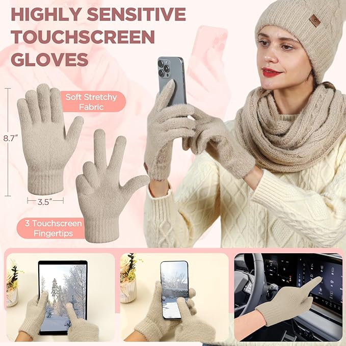 Womens Beanie Hat Infinity Scarf Touchscreen Gloves Fleece Headband 4 in 1 Winter Clothes Set Gifts for Women