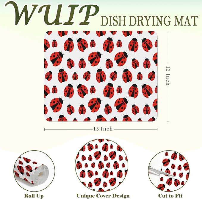 Red Ladybug Dish Drying Mats for Kitchen Counter, Ladybug Gifts for Women, Ladybird Absorbent Reversible Coffee Bar Mat Drying Pad for Kitchen Decor, 12x15 Inch